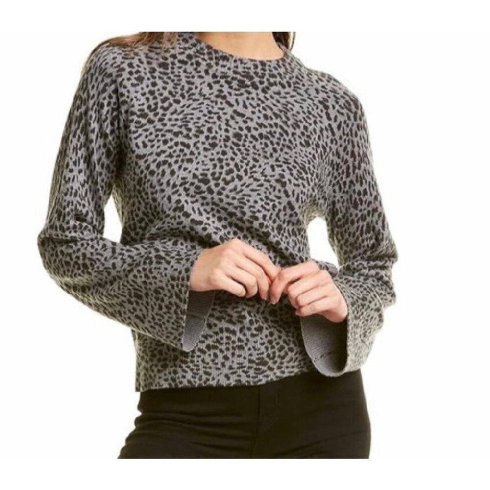 Monrow Mini Leopard Mock Neck Cashmere Blend Sweater Grey Black NWT Large